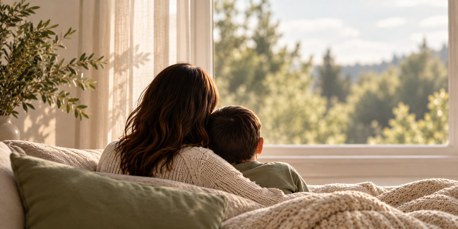 Parent and child sharing a quiet moment at home by a window