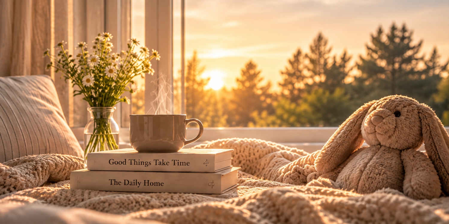 Warm family home ritual scene with books, tea, flowers, a soft blanket and plush bunny at sunset