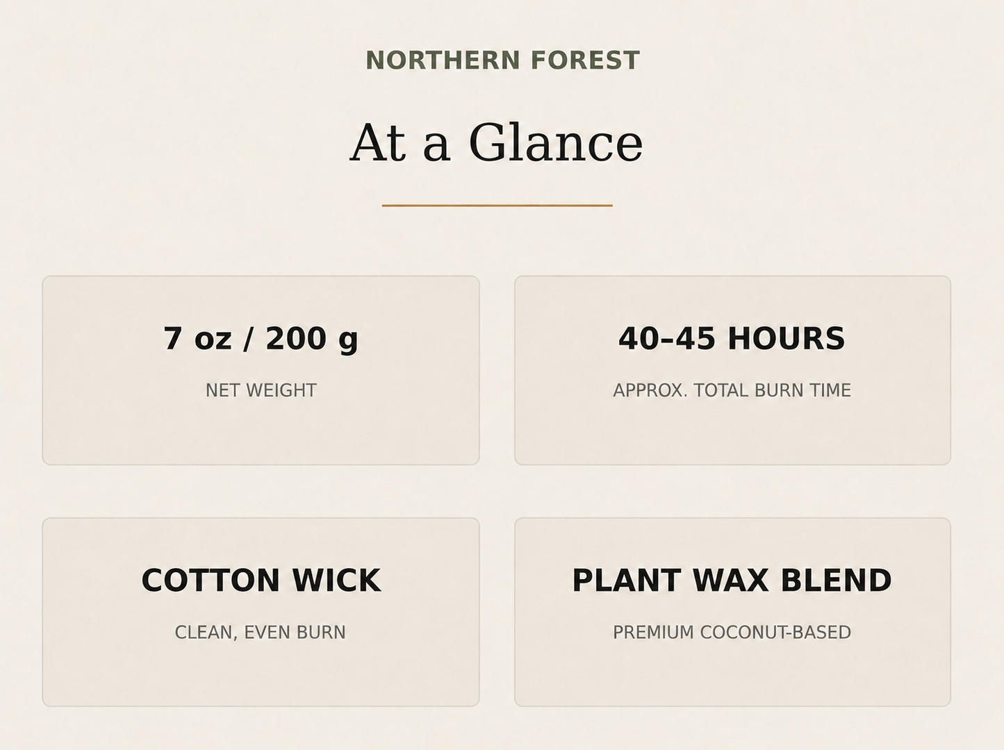 AROMU Northern Forest product facts: 7 oz / 200 g, 40–45 hours, cotton wick, plant wax blend