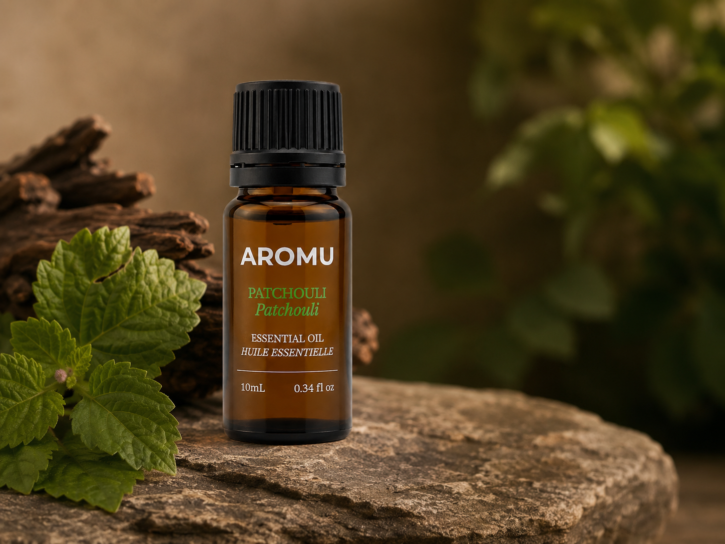 AROMU Patchouli Essential Oil with patchouli leaves and aged wood