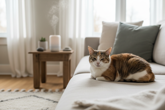 A calm cat resting in a well-ventilated room with a low-intensity essential oil diffuser in the background