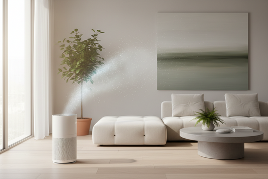 Air purifier reducing smoke particles and VOCs in a modern indoor space, showing improved air quality and cleaner air environment