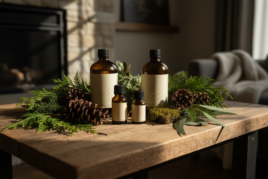 Essential oils with cedarwood, black spruce branches and pine cones in a forest-inspired home fragrance setting