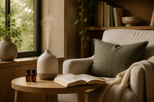A quiet reading nook with an aroma diffuser and essential oils