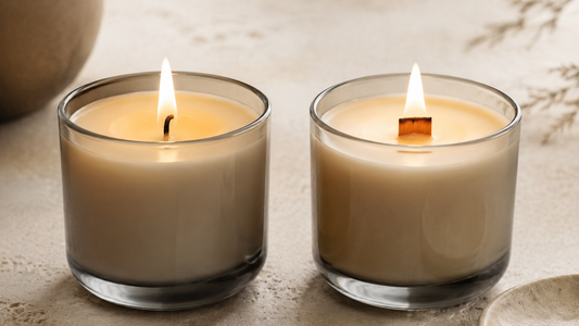 Cotton wick and wood wick candles shown side by side