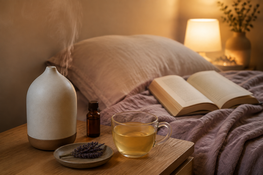 Relaxing evening ritual with essential oils, tea, and a book
