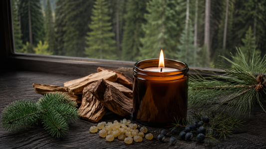 Woodsy essential oil candle with evergreen branches, cedarwood, juniper, and resin