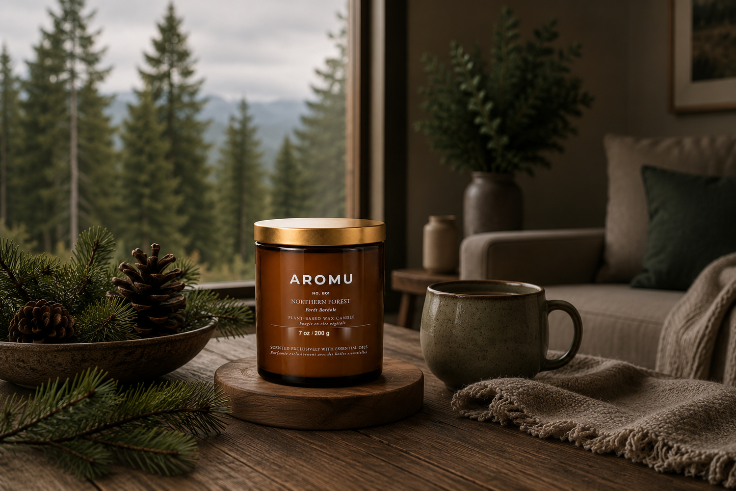 Northern Forest essential oil candle in a quiet evergreen reading space