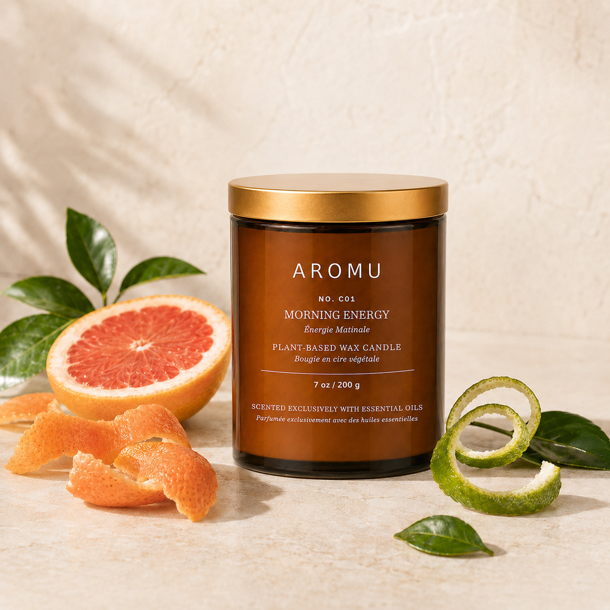 Morning Energy essential oil candle with grapefruit, lime peel and citrus leaves