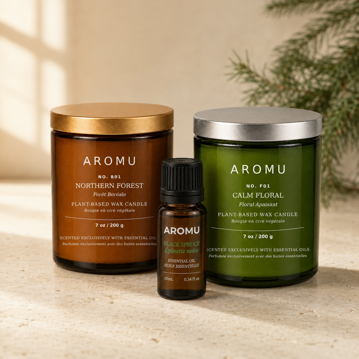 AROMU essential oil candles and Black Spruce essential oil