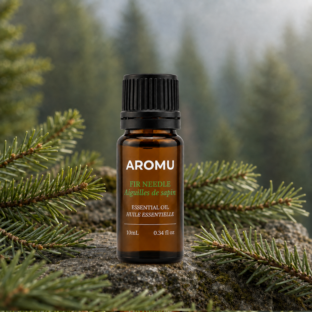 AROMU Fir Needle Essential Oil in an evergreen forest setting
