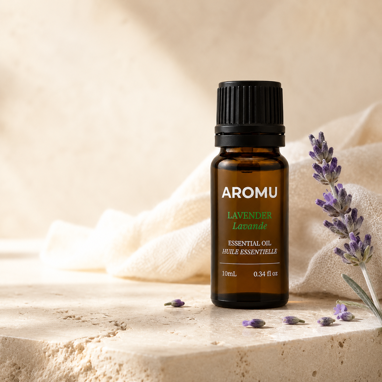 AROMU Lavender Essential Oil in warm natural light