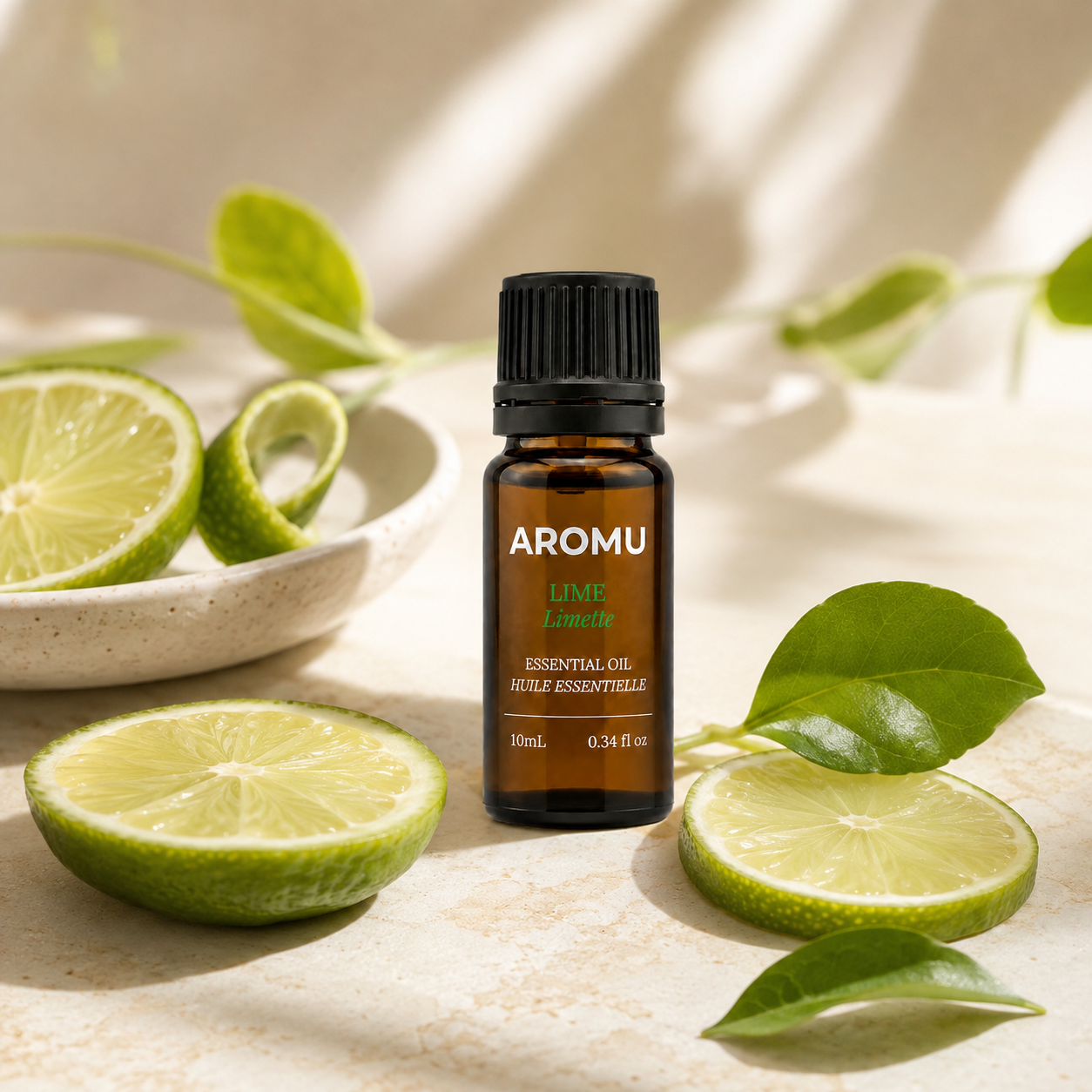 AROMU Lime Essential Oil botanical citrus still life