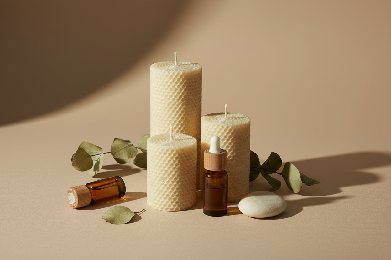 Minimalist natural candle and essential oil still life on beige background — Aromu Nature Simplified section.