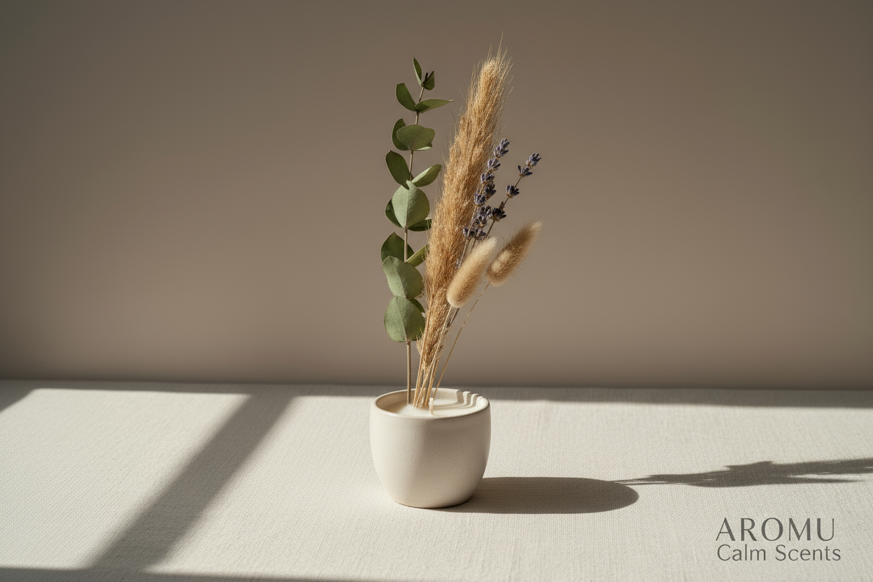 Minimalist still life of natural candle and dried flowers under soft sunlight — Aromu Calm Scents banner.