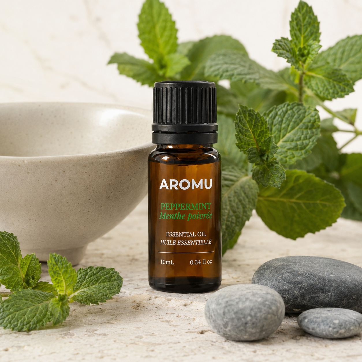 AROMU Peppermint Essential Oil botanical still life